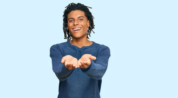 Young African American Man Wearing Casual Winter Sweater Smiling Hands — Stock Photo, Image