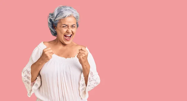 Senior Woman Gray Hair Wearing Bohemian Style Celebrating Surprised Amazed — Stock Photo, Image