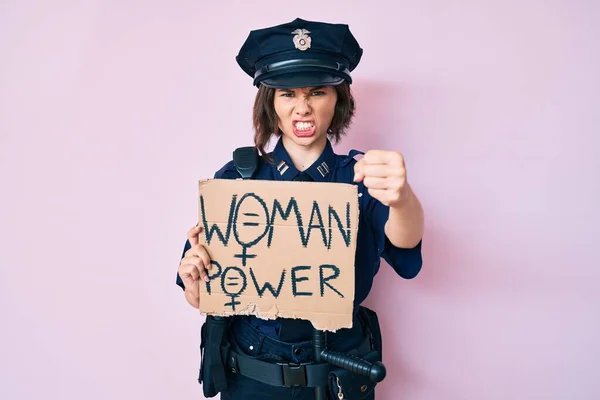 Jovem Menina Bonita Vestindo Uniforme Policial Segurando Banner Poder Mulher — Fotografia de Stock