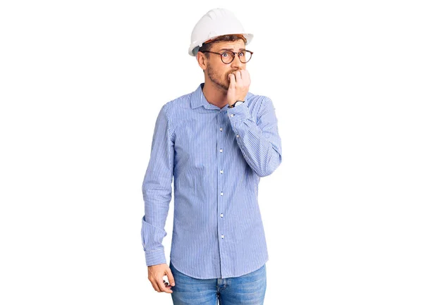 Handsome Young Man Bear Wearing Architect Hardhat Looking Stressed Nervous — Stock Photo, Image