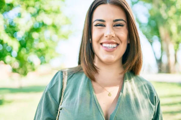 Young Hispanic Woman Smiling Happy Walking Park — Stock Photo, Image