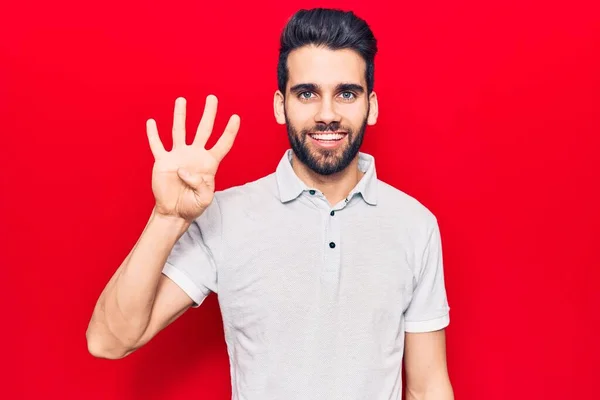 Joven Hombre Guapo Con Barba Usando Polo Casual Mostrando Apuntando — Foto de Stock