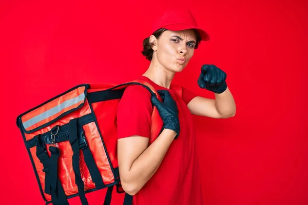 Young Hispanic Woman Holding Take Away Backpack Pointing Finger Camera — Stock Photo, Image