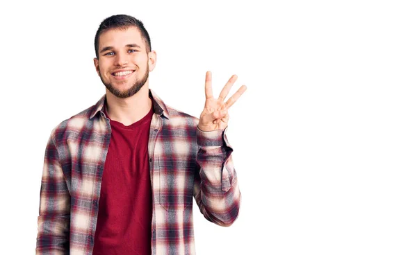 Jovem Homem Bonito Vestindo Camisa Casual Mostrando Apontando Para Cima — Fotografia de Stock