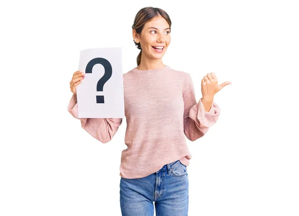 Beautiful Caucasian Woman Blonde Hair Holding Question Mark Pointing Thumb — Stock Photo, Image