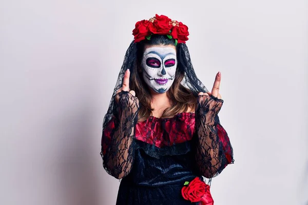 Young Woman Wearing Day Dead Costume White Showing Middle Finger — Fotografia de Stock