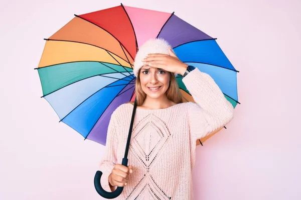 Young Brunette Woman Colorful Umbrella Stressed Frustrated Hand Head Surprised — Stock Photo, Image