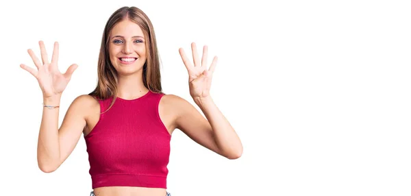 Young Beautiful Blonde Woman Wearing Elegant Summer Shirt Showing Pointing — Stock Photo, Image