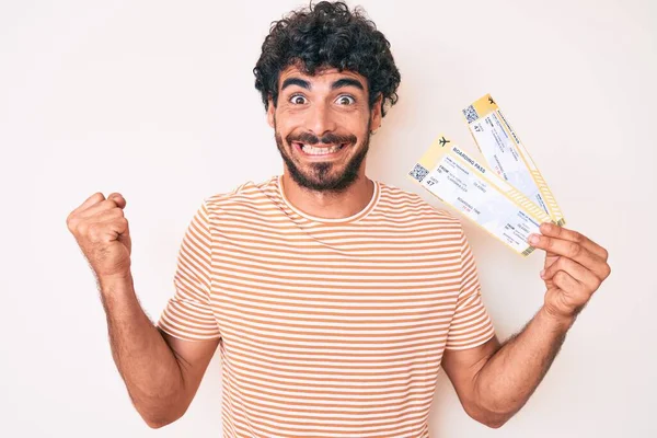 Handsome Young Man Curly Hair Bear Holding Boarding Pass Screaming — Stock Photo, Image