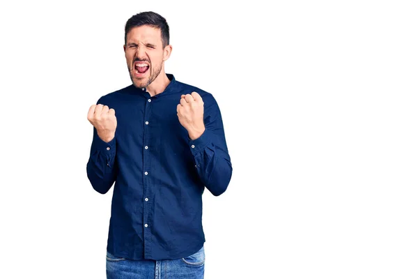 Young Handsome Man Wearing Casual Shirt Celebrating Surprised Amazed Success — Stock Photo, Image