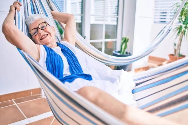 Elder Senior Woman Grey Hair Smiling Happy Relaxing Hammock Home — Stock Photo, Image