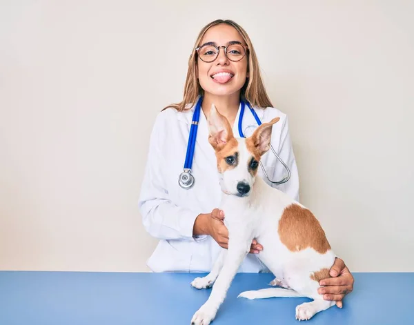 Joven Hermosa Rubia Veterinaria Mujer Chequeo Perro Salud Palanca Lengua —  Fotos de Stock