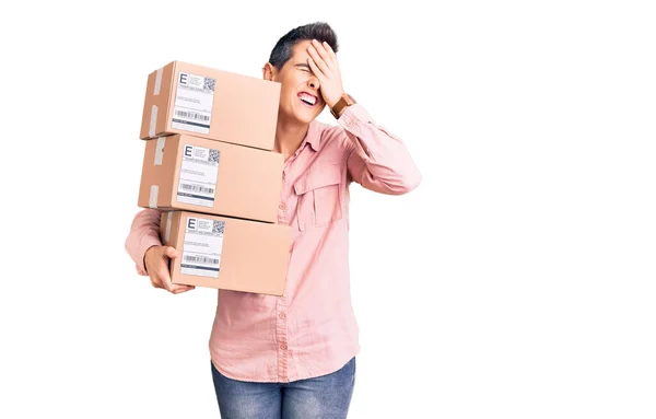 Young Woman Short Hair Holding Delivery Package Stressed Frustrated Hand — Stock Photo, Image