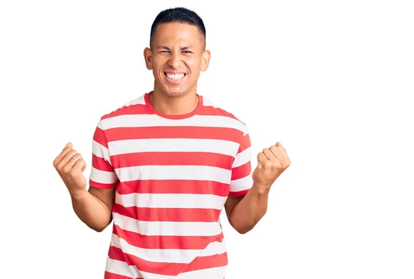 Young Handsome Latin Man Wearing Casual Clothes Excited Success Arms — Stock Photo, Image