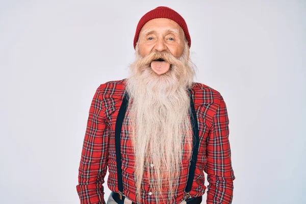 Alter Älterer Mann Mit Grauen Haaren Und Langem Bart Hipster — Stockfoto