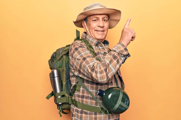 Senior Man Grey Hair Wearing Hiker Backpack Water Canteen Smiling — Stock Photo, Image