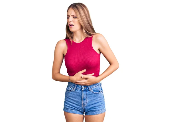 Young Beautiful Blonde Woman Wearing Elegant Summer Shirt Hand Stomach — Stock Photo, Image