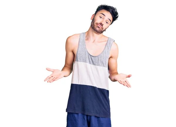 Young Hispanic Man Wearing Casual Clothes Clueless Confused Expression Arms — Stock Photo, Image