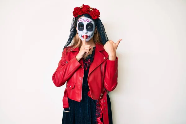 Woman Wearing Day Dead Costume White Asking Quiet Finger Lips — Stock Photo, Image
