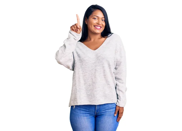 Hispanic Woman Long Hair Wearing Casual Clothes Showing Pointing Finger — Stock Photo, Image