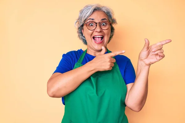 Ältere Hispanische Frau Mit Schürze Und Brille Lächelt Und Blickt — Stockfoto