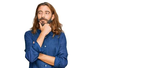 Attractive Man Long Hair Beard Wearing Casual Clothes Hand Chin — Stock Photo, Image