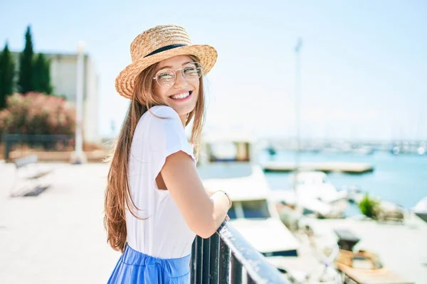 Young Blonde Woman Vacation Smiling Happy Leaning Balustrade Street City — Stock Photo, Image