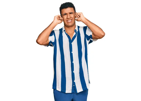 Young Arab Man Wearing Casual Clothes Covering Ears Fingers Annoyed — Stock Photo, Image