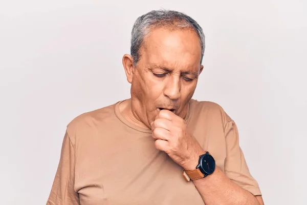 Senior Man Grey Hair Wearing Casual Shirt Feeling Unwell Coughing — Stock Photo, Image