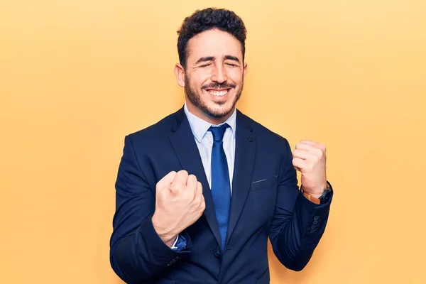 Young Hispanic Man Wearing Suit Excited Success Arms Raised Eyes — Stock Photo, Image