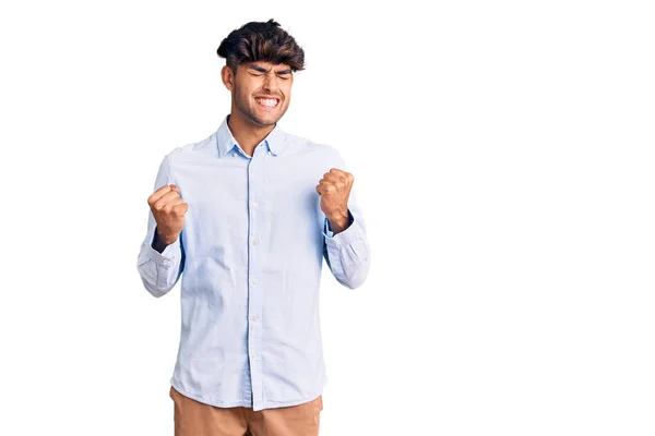 Young Hispanic Man Wearing Casual Shirt Excited Success Arms Raised — Stock Photo, Image