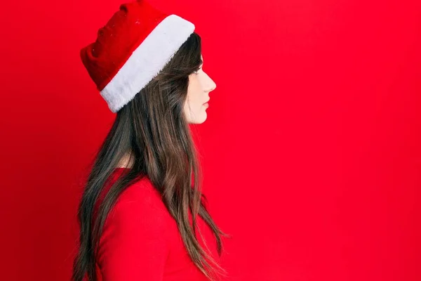 Menina Branca Bonita Nova Vestindo Chapéu Natal Olhando Para Lado — Fotografia de Stock