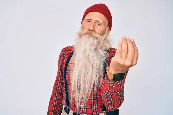 Staruszek Siwymi Włosami Długą Brodą Hipsterskim Spojrzeniu Wełnianą Czapką Wykonujący — Zdjęcie stockowe