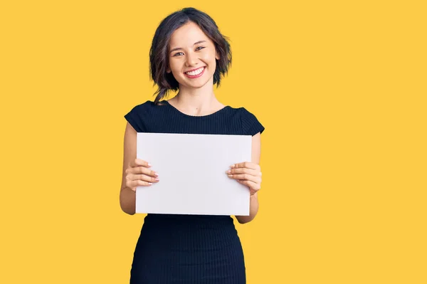 Young Beautiful Girl Holding Blank Empty Banner Looking Positive Happy — Stock Photo, Image