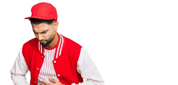 Joven Con Barba Vistiendo Uniforme Béisbol Con Mano Estómago Porque —  Fotos de Stock