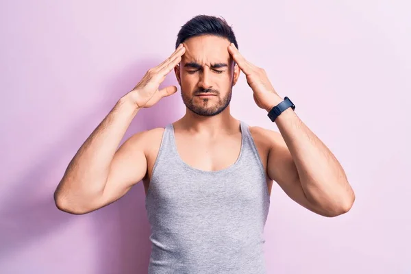 Young Handsome Man Beard Wearing Casual Sleeveless Shirt Pink Background — Stock Photo, Image