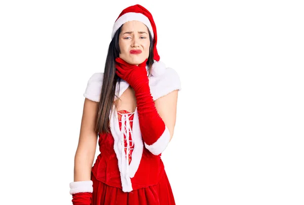Ung Vacker Kaukasiska Kvinna Bär Santa Claus Kostym Röra Smärtsam — Stockfoto