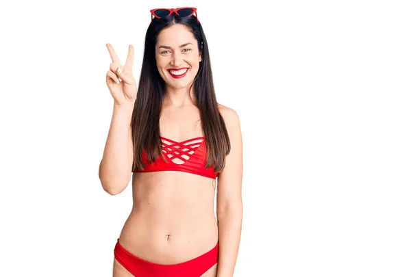 Young Beautiful Caucasian Woman Wearing Bikini Showing Pointing Fingers Number — Stock Photo, Image