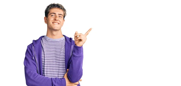 Young Handsome Man Wearing Casual Purple Sweatshirt Big Smile Face — Stock Photo, Image