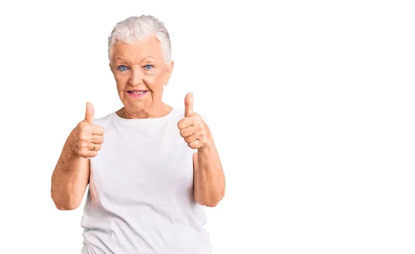 Senior Mooie Vrouw Met Blauwe Ogen Grijs Haar Dragen Casual — Stockfoto