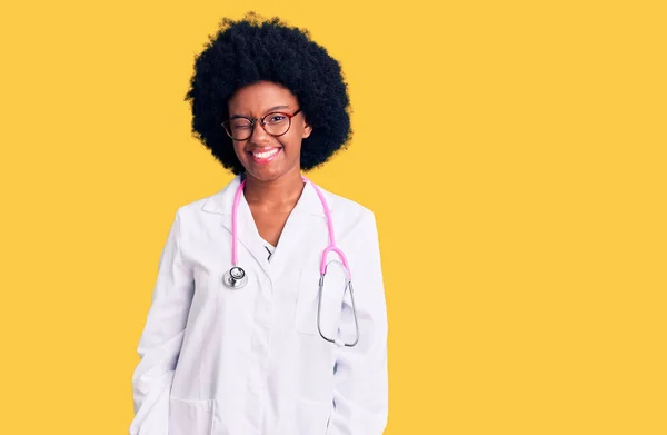 Young African American Woman Wearing Doctor Coat Stethoscope Winking Looking — Stock Photo, Image