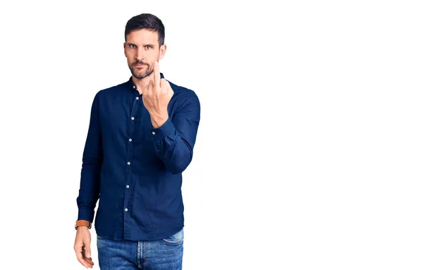 Young Handsome Man Wearing Casual Shirt Showing Middle Finger Impolite — Foto de Stock