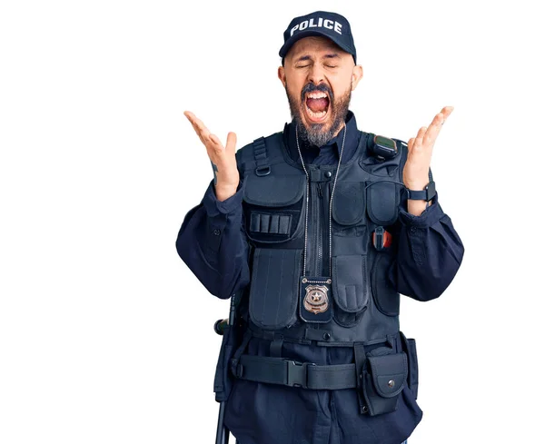 Jeune Bel Homme Uniforme Police Célébrant Fou Fou Succès Avec — Photo