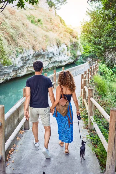 中年夫妇背景与奇瓦瓦犬在公园美丽的风景中漫步 — 图库照片