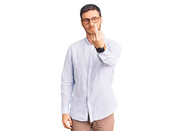 Handsome Young Man Bear Wearing Elegant Business Shirt Glasses Showing — Stock fotografie