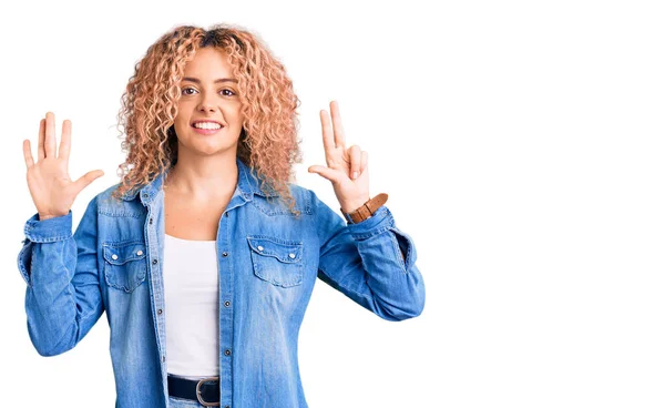 Young Blonde Woman Curly Hair Wearing Casual Denim Jacket Showing — Stock Photo, Image