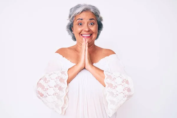 Senior Hispanic Grey Haired Woman Wearing Casual Clothes Praying Hands — Stock Photo, Image