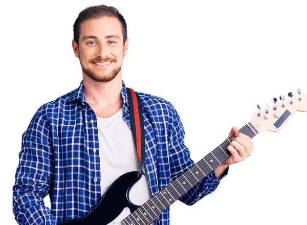 Jonge Knappe Blanke Man Spelen Elektrische Gitaar Kijken Positief Gelukkig — Stockfoto