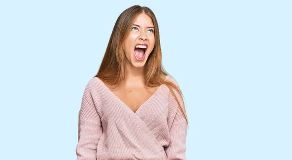 Beautiful Blonde Woman Wearing Casual Winter Pink Sweater Angry Mad — Stock Photo, Image