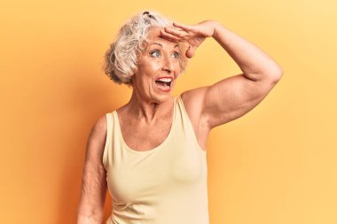 Yaşlı, gri saçlı, günlük kıyafetler giyen mutlu ve tebessüm eden bir kadın. arama kavramı. 